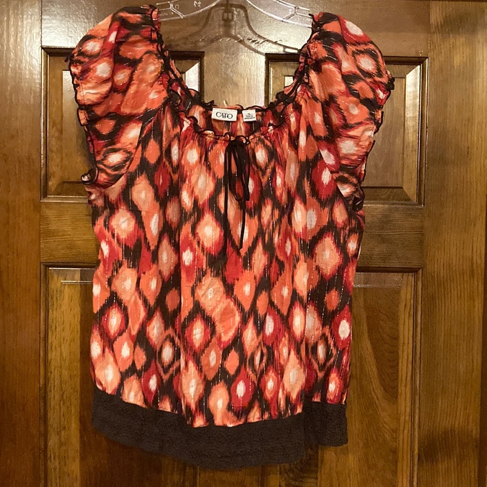 XL Cato Orange and Brown Top with Crochet Band and Metallic Silver Detail